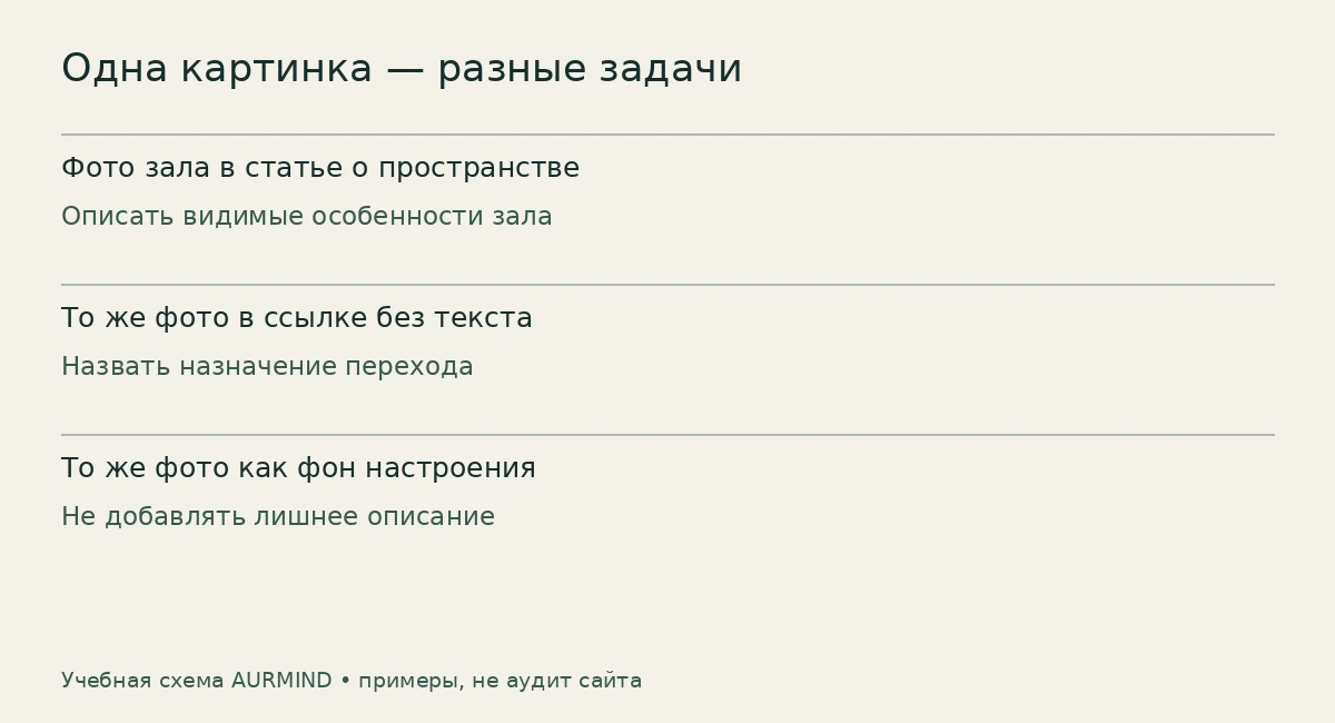 Одна фотография зала может передавать сведения, обозначать переход или служить декором; решение зависит от страницы.