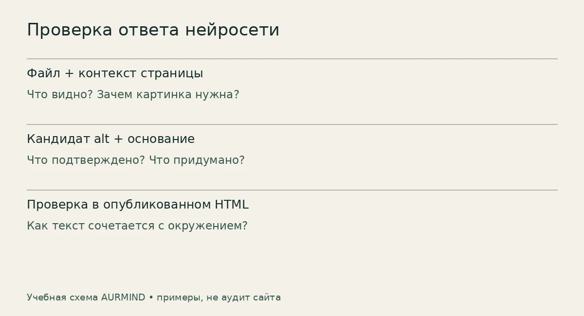 Порядок проверки: файл и контекст, кандидат alt с основанием, проверка в опубликованном HTML.