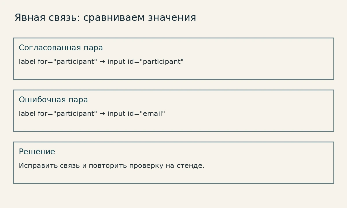 При явной связи for подписи совпадает с id нужного элемента; неверная пара требует исправления