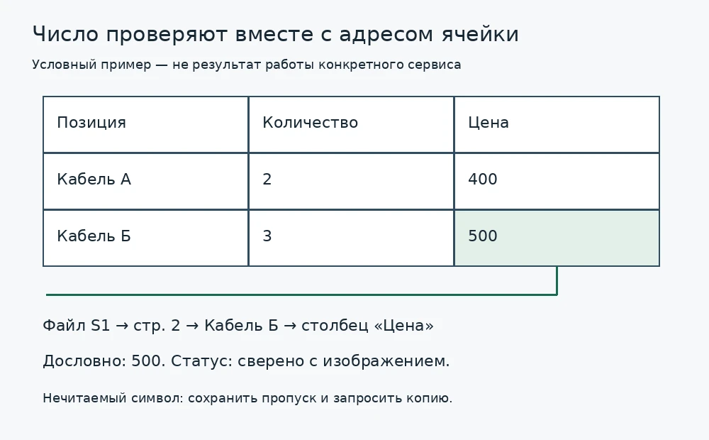 Условная таблица: значение 500 связано с файлом S1, страницей 2, строкой Кабель Б и столбцом Цена