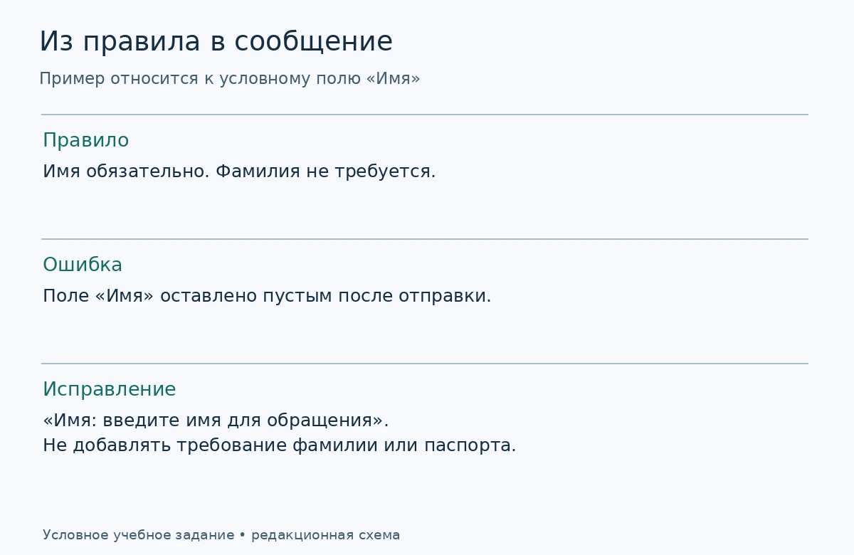 Правило обязательного имени, пустое значение и сообщение без требования фамилии
