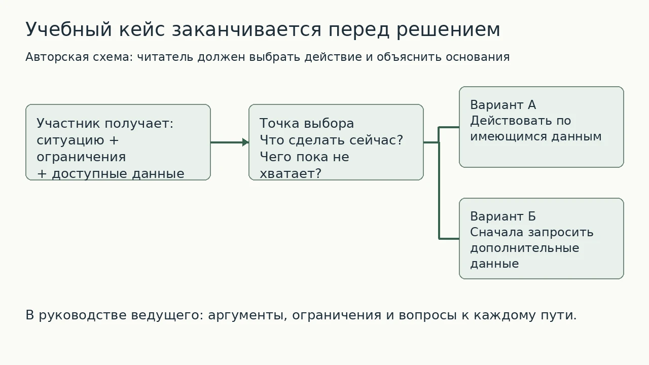 Схема: Авторская схема развилки: доступные данные ведут к моменту выбора, затем обсуждают основания разных действий.