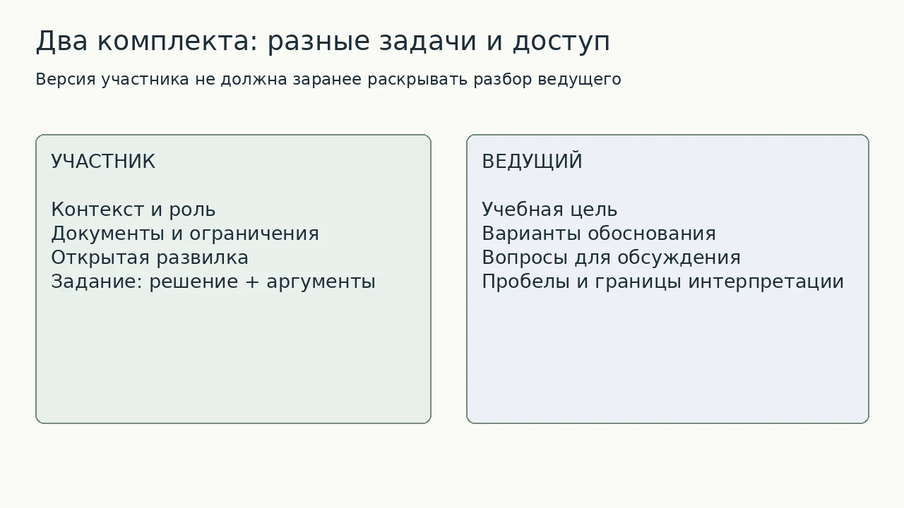 Схема: Два отдельных комплекта: участник получает ситуацию и задание, ведущий — цель и опоры для обсуждения.