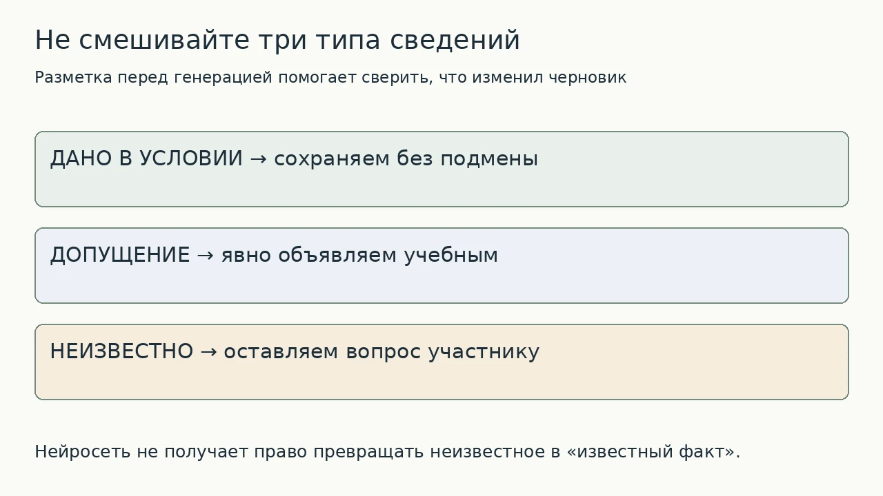 Схема: Перед запросом разделите заданные условия, явно объявленные допущения и неизвестные сведения.